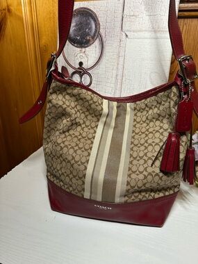 Coach Brown Signature Stripe Shoulder Bag with Red Trim
